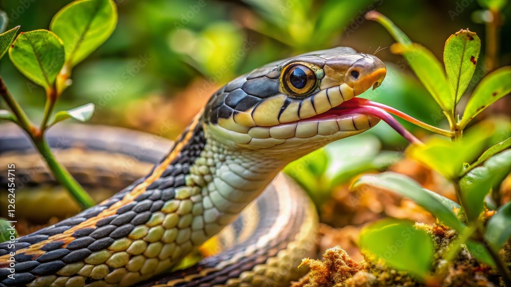 Colorful Snake with Tongue Out in Lush Green Environment Colorful Snake with Tongue Out in Lush Green Environment