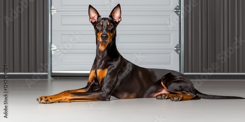 Dog training. A sleek, alert Doberman dog lies on a smooth surface with a modern garage door in the background, showcasing its muscular build and attentive expression.