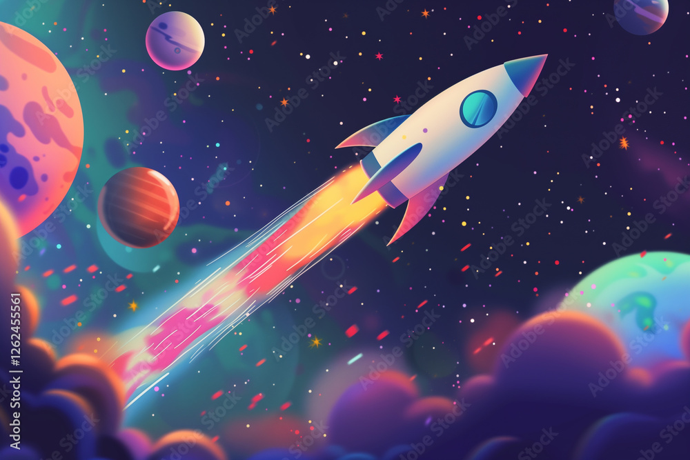A retro-style rocket ship soaring through space with colorful planets and stars in the background, leaving a trail of sparkles. A retro-style rocket ship soaring through space with colorful planets and stars in the background, leaving a trail of sparkles.