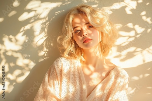 A sensual portrait of a woman in lace, lying on blooming flowers bathed in golden sunlight. The soft focus, warm tones, and dreamy atmosphere create a romantic, elegant, and nature-inspired compositio photo