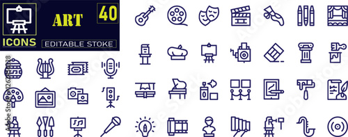 Set of art and entertainment icons. Containing literature, architecture, sculpture, artist, exhibition, painting, music, design and museum icons.