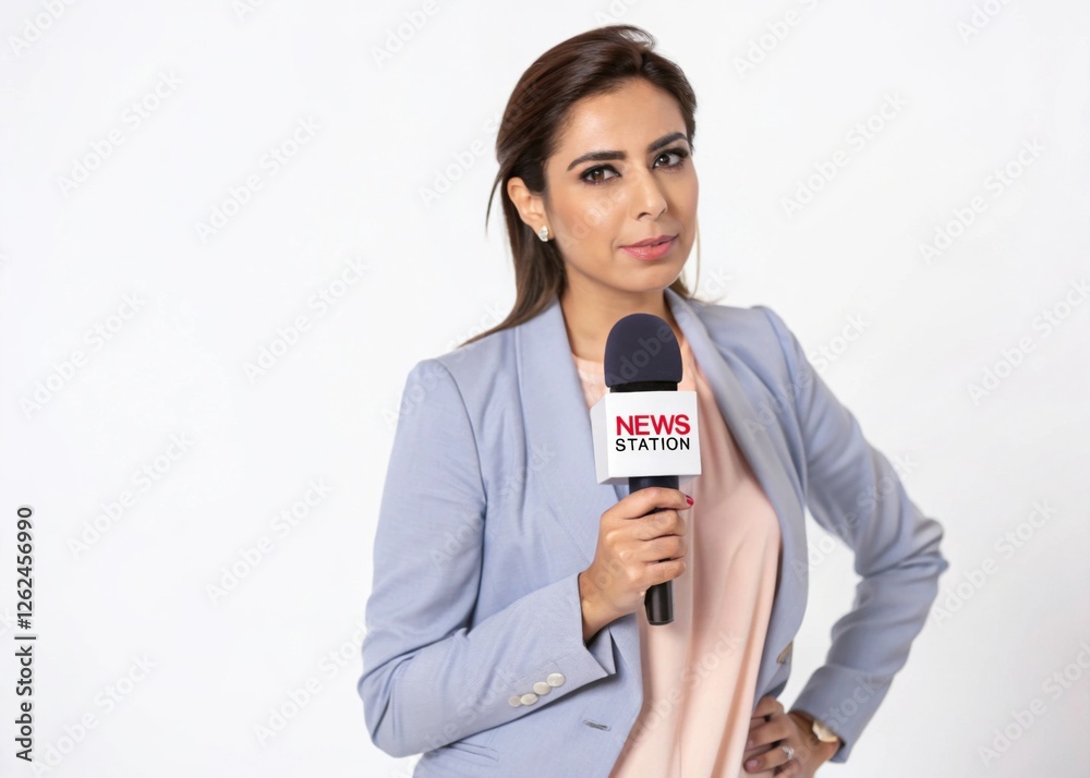 Dynamic portrait of female arab journalist reporting live studio environment professional photography empowering media presence Dynamic portrait of female arab journalist reporting live studio environment professional photography empowering media presence