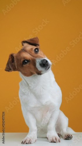 Portrait of dog breed Jack Russell Terrier twirls his head slow motion sitting on white surface Vertical video for stories. Dog blogger looks at camera on yellow background. Pets care