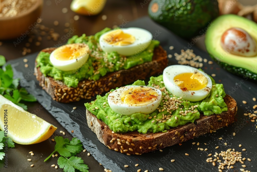 Avocado toast with eggs on slate board. AI generated Avocado toast with eggs on slate board. AI generated