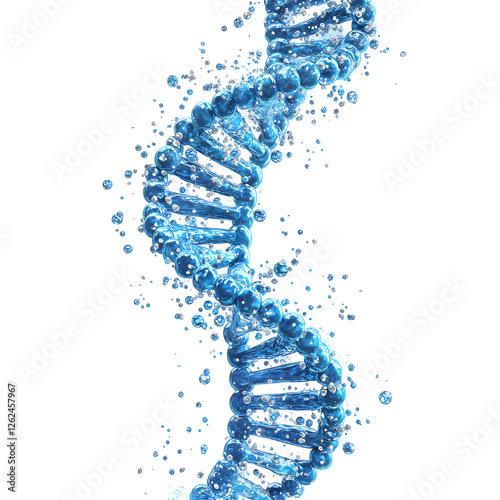 Abstract blue DNA double helix structure on white backdrop