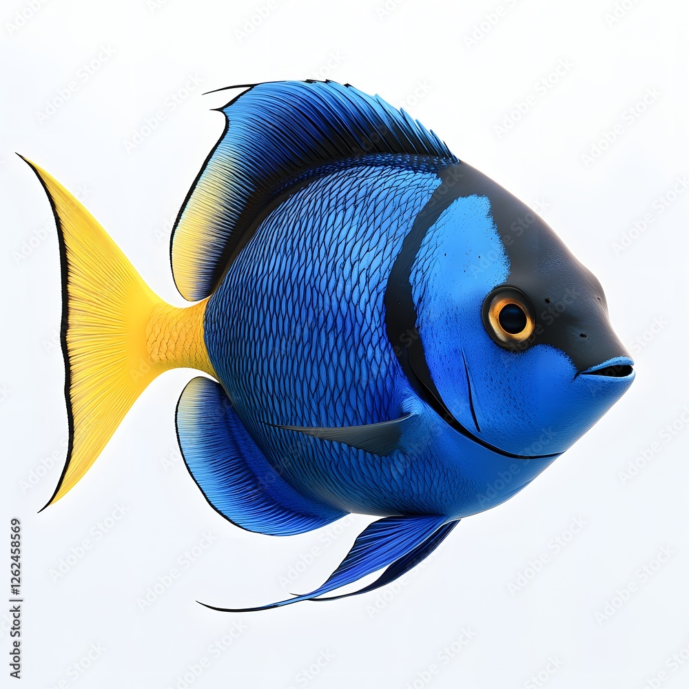 Naklejka premium Vibrant blue and yellow tropical fish floating against a clean white backdrop