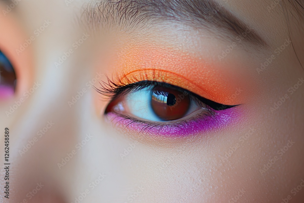 A beauty model wearing vibrant eye makeup, using shades of coral, peach, and soft purple A beauty model wearing vibrant eye makeup, using shades of coral, peach, and soft purple