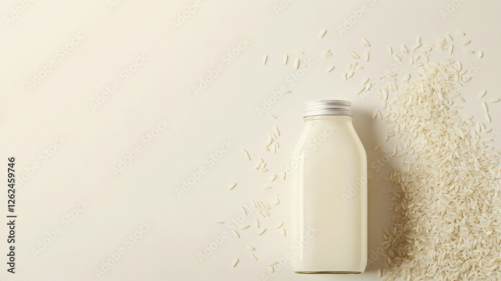 Creamy rice milk in sleek glass bottle with rice grains scattered nearby. This captures minimalist aesthetic, perfect for health conscious consumers Creamy rice milk in sleek glass bottle with rice grains scattered nearby. This captures minimalist aesthetic, perfect for health conscious consumers
