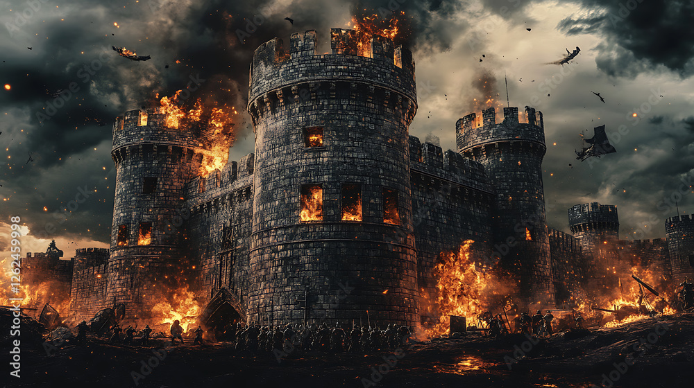 Fototapeta premium Medieval Castle Under Siege with Soldiers and Catapults