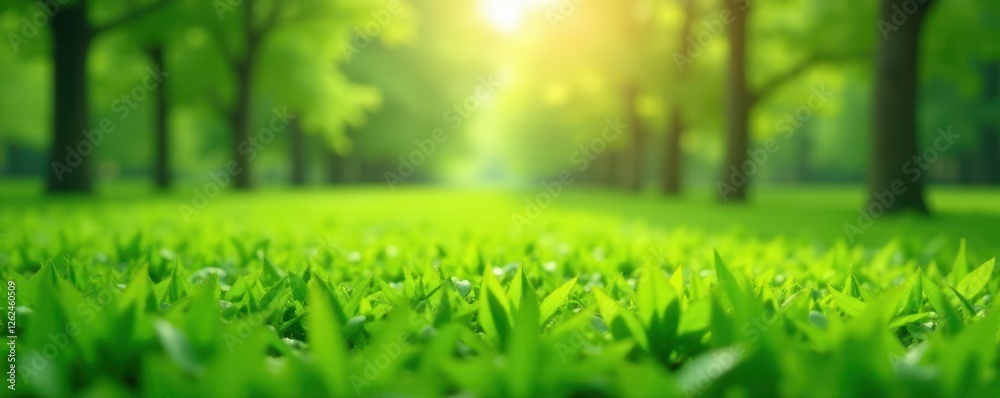 Fototapeta premium Blurred vibrant green field with budding trees, countryside, lush