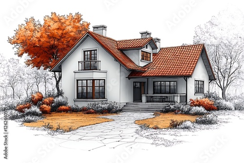Architectural sketch of a charming, modern house design with autumnal landscape.