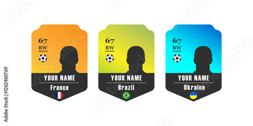 Custom football player card template with silhouette, rating, position, and national flag of France, Brazil, and Ukraine. Digital sports card design for customization