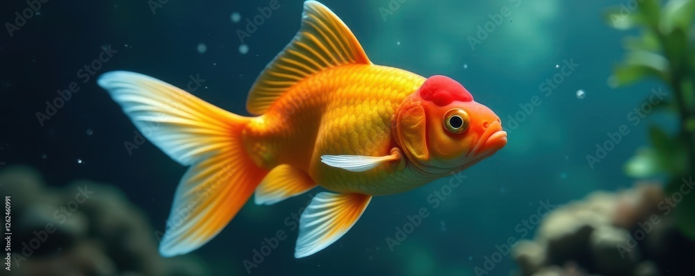Fototapeta premium Bright orange goldfish, close-up underwater view, nature, animal photography, texture