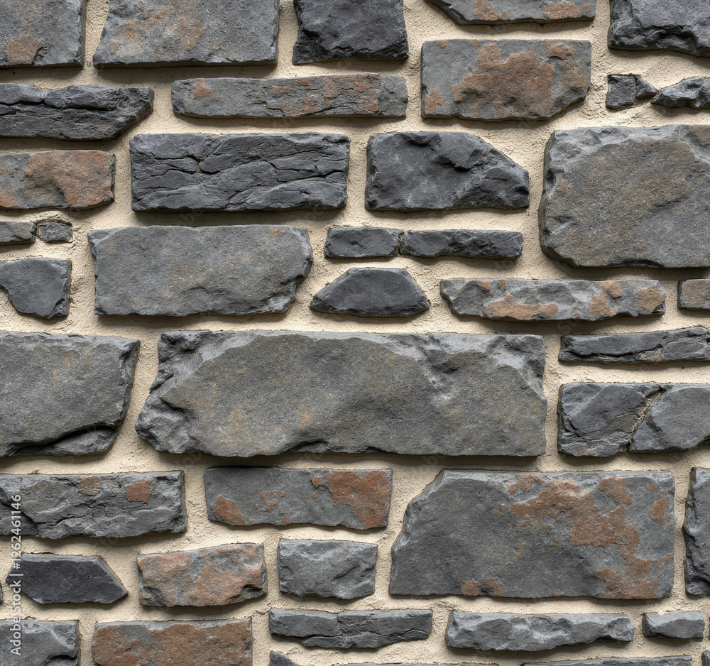 Irregular grey brick wall with beige mortar. Irregular grey brick wall with beige mortar.