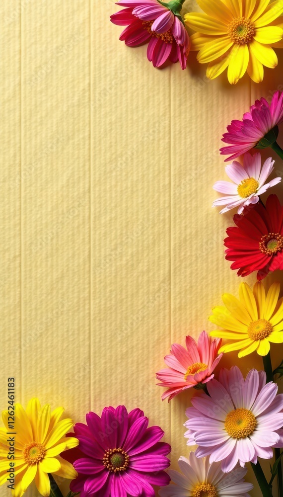 Obraz premium Bright spring flowers scattered across a kraft paper background, paper texture background, yellow, pink