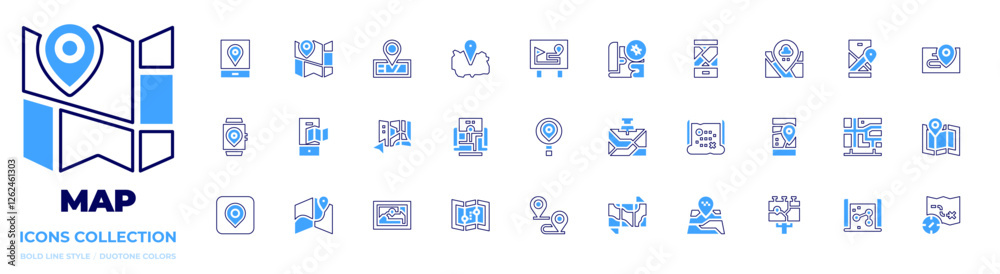 Map icon collection. Bold line style. Duotone colors. map, map pin, street map, mobile map, city map, maps, gps, smartwatch, search, pointer, track, tracking, location Map icon collection. Bold line style. Duotone colors. map, map pin, street map, mobile map, city map, maps, gps, smartwatch, search, pointer, track, tracking, location