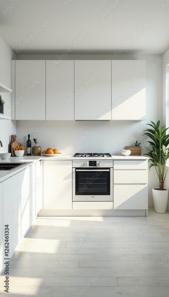 Fototapeta premium Bright white kitchen with built-in oven, minimalist style , glossy, bake, light