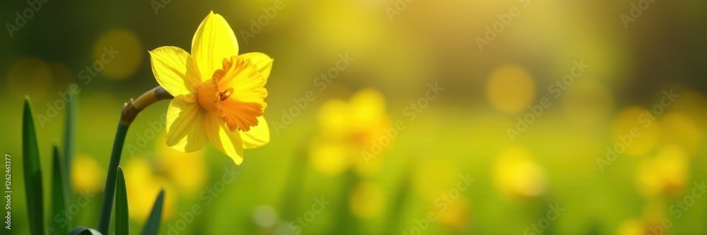 Bright yellow daffodil, shallow depth of field, sunlit meadow, sunny, flower, joyful Bright yellow daffodil, shallow depth of field, sunlit meadow, sunny, flower, joyful