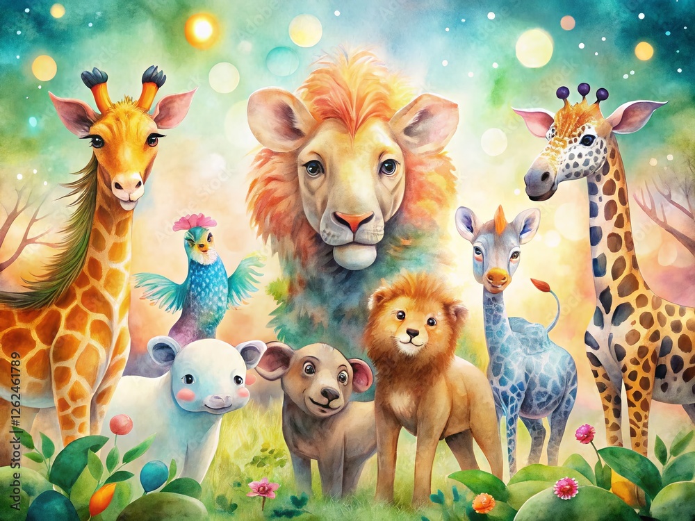 Naklejka premium Watercolor Zoo Animals Bokeh Background - Cute Wildlife Illustration