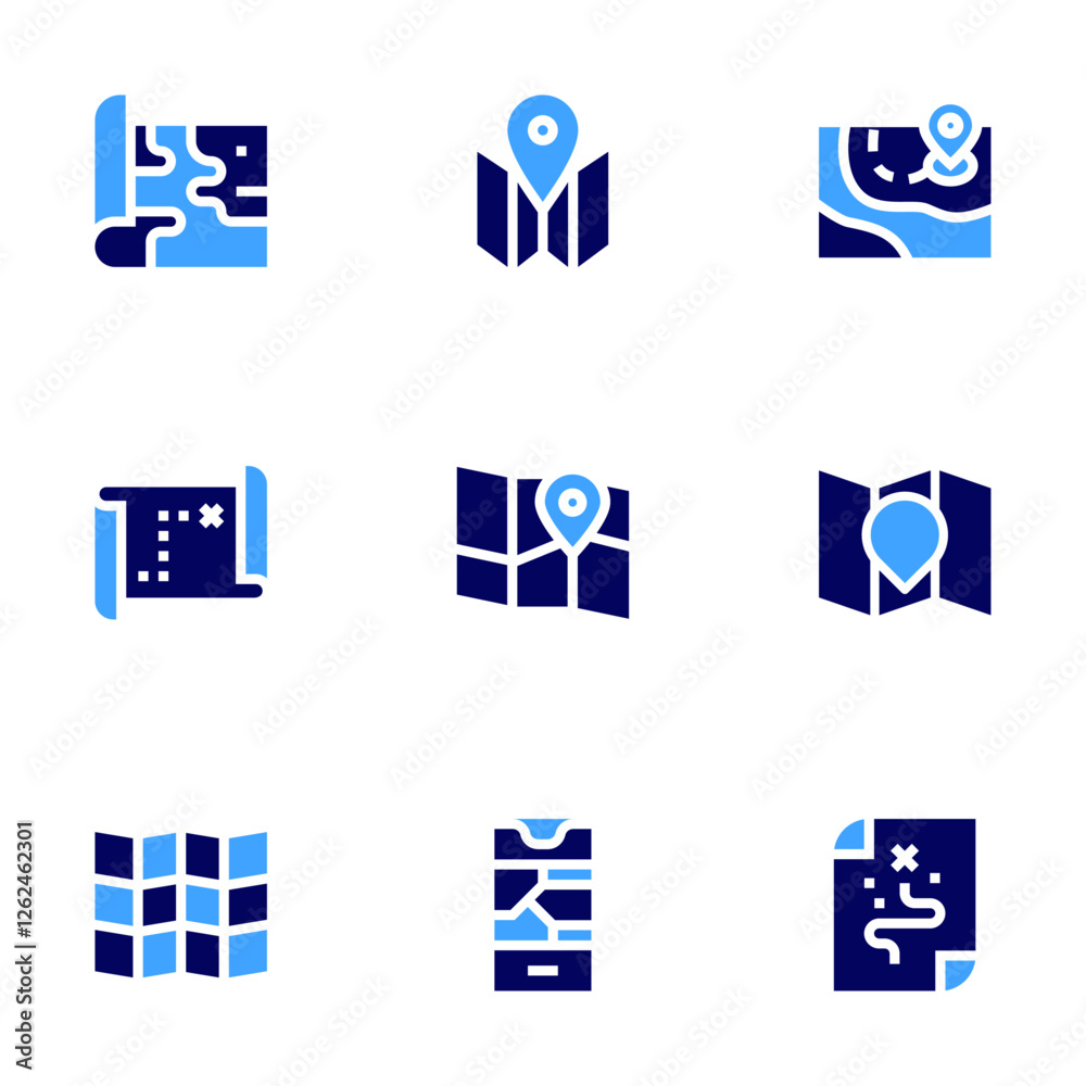 Map icon set. Bold style. Duotone colors. map, maps, map location, street map Map icon set. Bold style. Duotone colors. map, maps, map location, street map