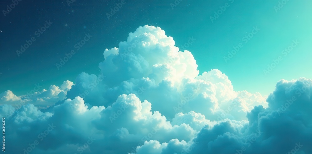 Fototapeta premium Celestial blue-green watercolor, ethereal white cloud center , dreamy, aesthetic