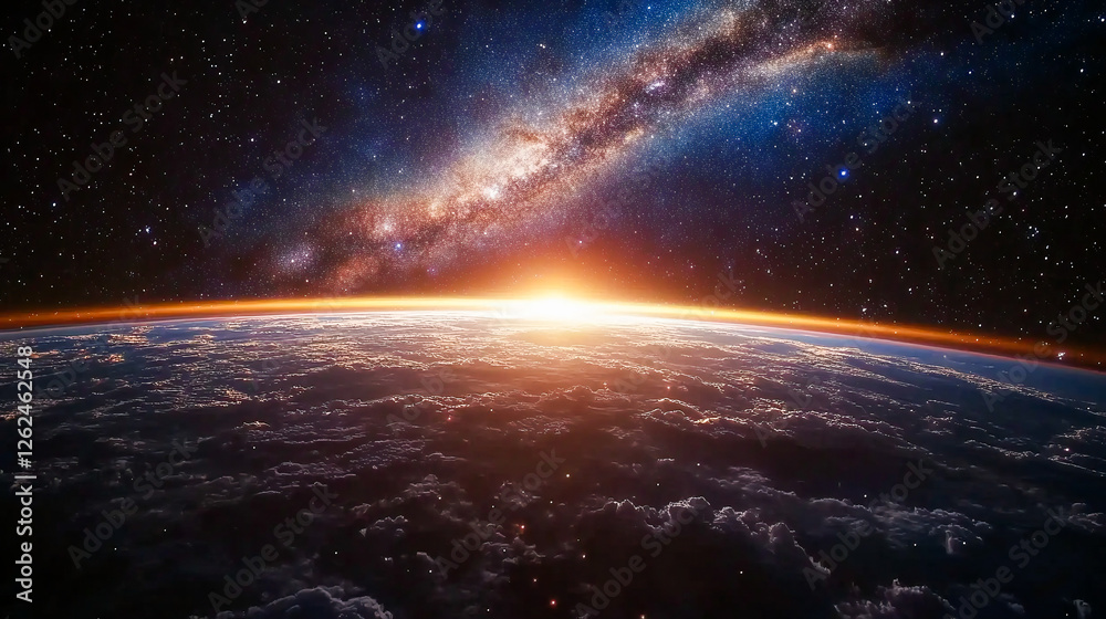 Fototapeta premium Stunning View of Stars and Milky Way Above Earth Glow at Night from Space Showing Cloud Formations and City Lights, Perfect for Inspirational and Educational Purposes