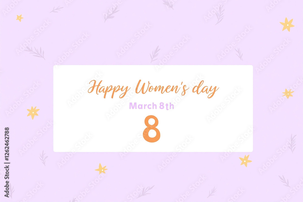 Light purple bg pattern of flowers leaves white rectangle Happy Women's day Light purple bg pattern of flowers leaves white rectangle Happy Women's day