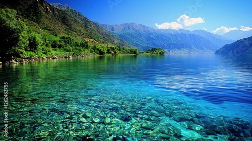 Crystal-clear lake, mountains, lush green shore, sunny day