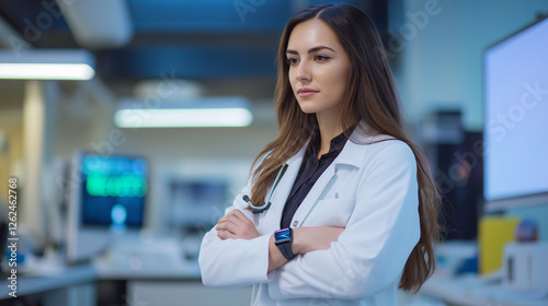 Free Download A female doctor wearing a lab coat and smart wrist device, monitoring a patient’s health data in real-time while walking through an innovative healthcare startup office - GFXLoad