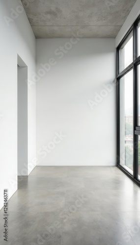 Clean white wall contrasts stark concrete office , grey, neutral