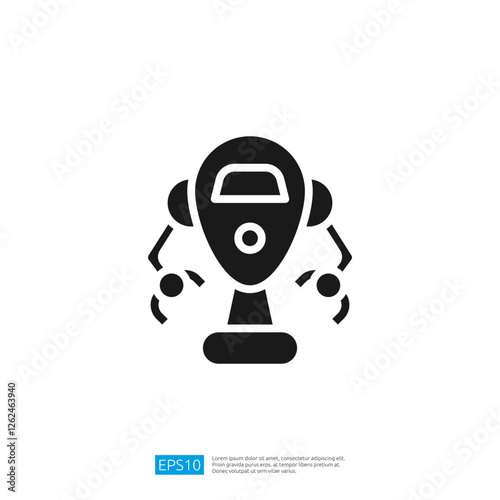 A stylized black icon of a robotic vacuum cleaner, showcasing its sleek design and dual side brushes, representing modern home cleaning technology.