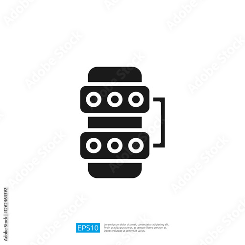 A simple black icon representing a stack of cylindrical objects with circular patterns, suggesting a design related to technology or industry.