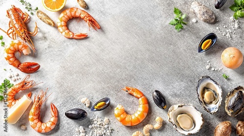 Fresh seafood arrangement: lobsters, shrimp, mussels, and oysters on rustic gray background photo