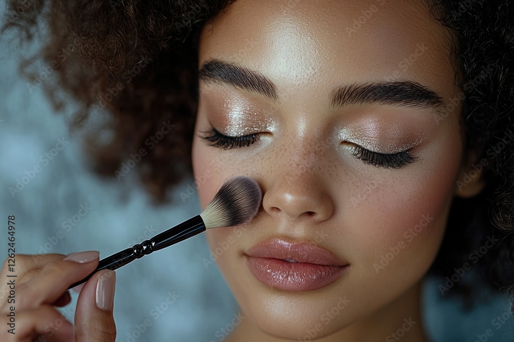 Obraz premium A woman with curly hair receives a makeup application using a brush, focusing on her cheek and eyes, showcasing a glamorous look.