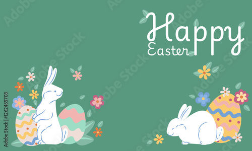 Happy easter greeting card with white bunnies and decorated eggs celebrating easter