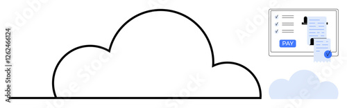 Cloud outline with an overlay of an electronic invoice featuring a checklist and PAY button. Ideal for online transactions, digital payments, cloud computing, data storage, financial technology