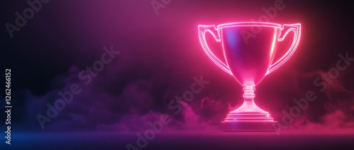 Glowing neon trophy cup design element for award ceremonies and sports competitions in a dark atmosphere photo