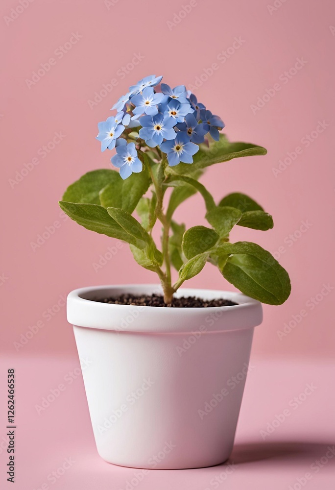 Naklejka premium Forget-Me-Nots in Pot: Delicate light blue forget-me-not flowers bloom in a small white pot against a soft pink background. A symbol of remembrance and gentle beauty. 