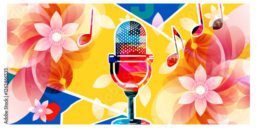 Colorful Abstract Microphone with Musical Notes – Podcast and Music Concept