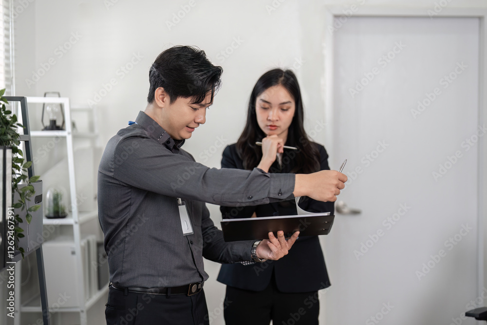 Business professionals analyzing data in a modern office, demonstrating focus and problem-solving skills. Business professionals analyzing data in a modern office, demonstrating focus and problem-solving skills.