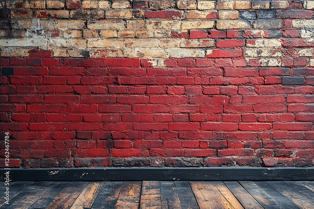 Fototapeta premium Rustic Red Brick Wall with Aged Wooden Floor