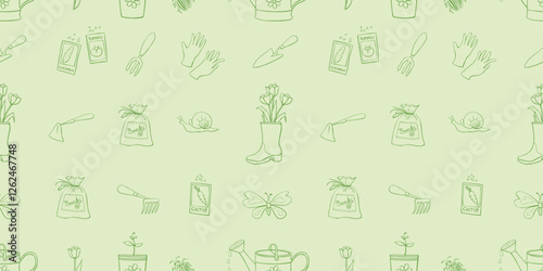 Vector seamless pattern of gardening tools for planting plants, spring flowers and garden insects. Green outline cute texture in doodle flat style on topic of gardening, farming