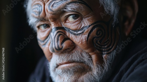 Elderly Maori man with traditional moko tattoos gazes proudly in warm natural light from New Zealand photo