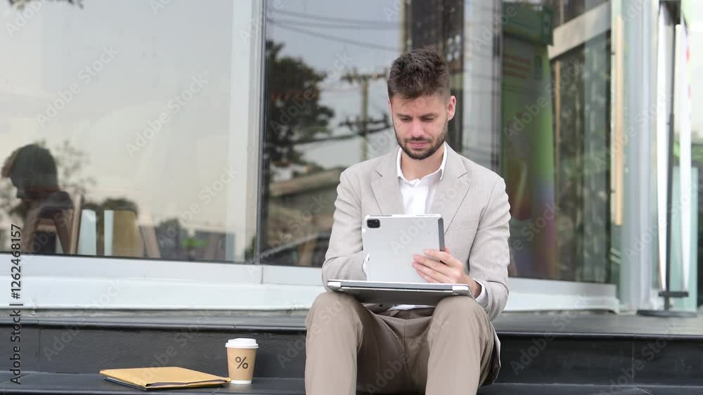 Modern businessman outdoors, using a tablet. Ideal for business, technology, and innovation themes. Modern businessman outdoors, using a tablet. Ideal for business, technology, and innovation themes.