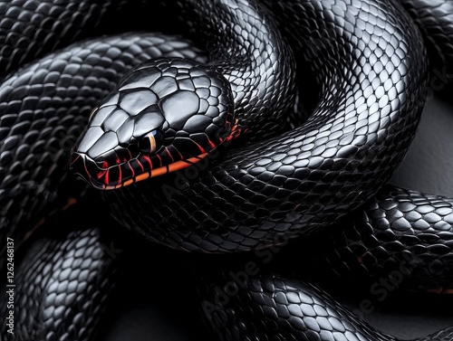 A close up of a black snake with red eyes