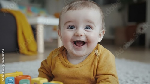 Happy Baby Smiling While Playing with Colorful Toys on Carpet