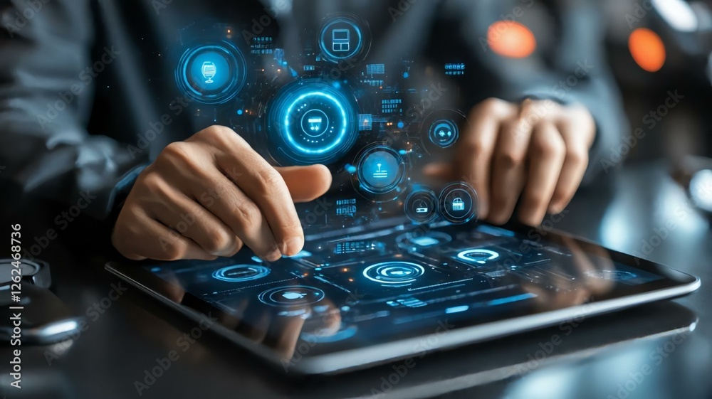 Hands Using Tablet to Interact with Digital Interface and Icons Hands Using Tablet to Interact with Digital Interface and Icons