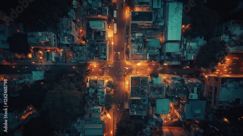 Aerial view of a bustling city intersection at night