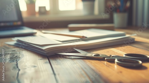 A pair of scissors, a stack of paper, and a pencil lying on a bright wooden desk, captured in clear, crisp detail with soft lighting.