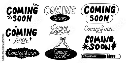 Doodle Coming Soon Handwritten Set. Black Progress Come Tag Sticker Collection. Vector Handdrawn Clipart Illustration